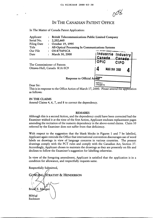 Canadian Patent Document 2202660. Prosecution-Amendment 20000330. Image 1 of 3