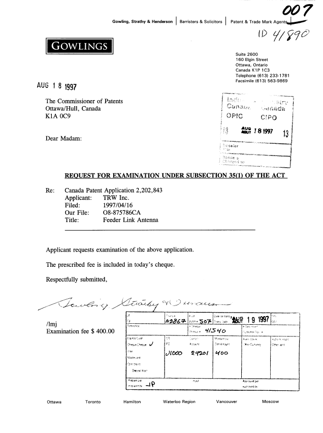 Canadian Patent Document 2202843. Prosecution-Amendment 19970818. Image 1 of 1