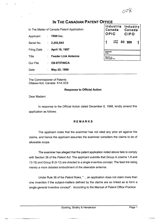 Canadian Patent Document 2202843. Prosecution-Amendment 19990520. Image 1 of 11
