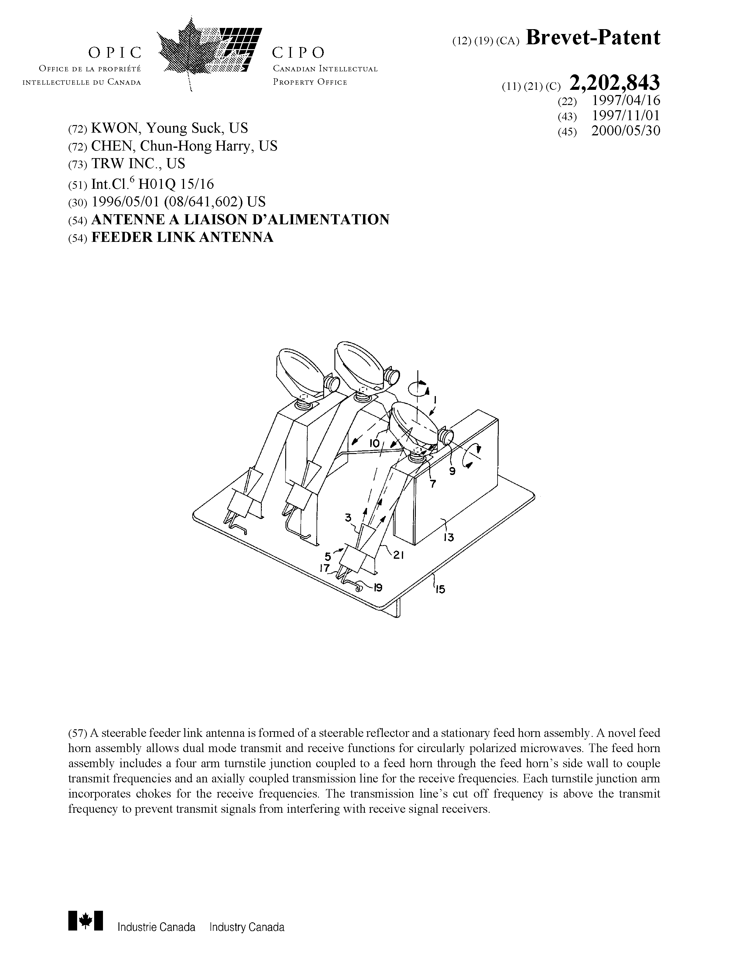 Canadian Patent Document 2202843. Cover Page 20000504. Image 1 of 1