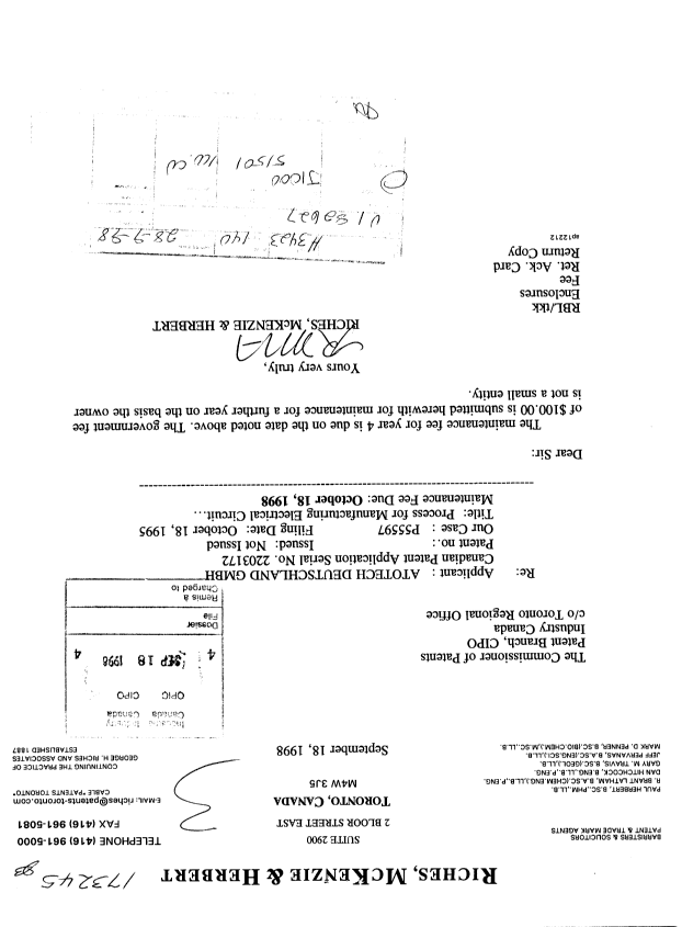 Canadian Patent Document 2203172. Fees 19980918. Image 1 of 1