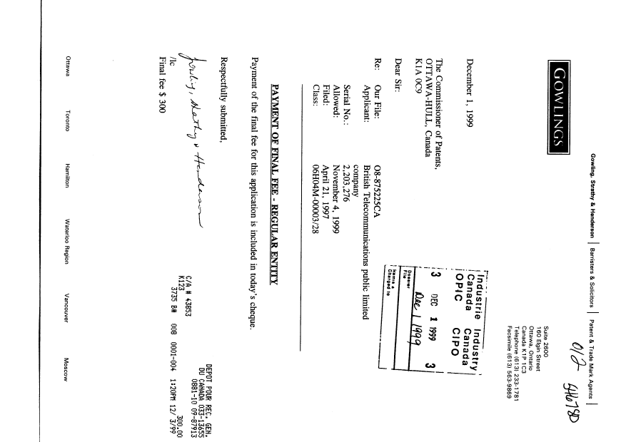 Document de brevet canadien 2203276. Correspondance 19991201. Image 1 de 1