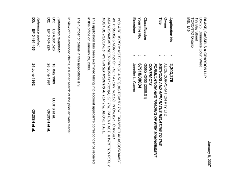 Canadian Patent Document 2203279. Prosecution-Amendment 20061208. Image 1 of 10