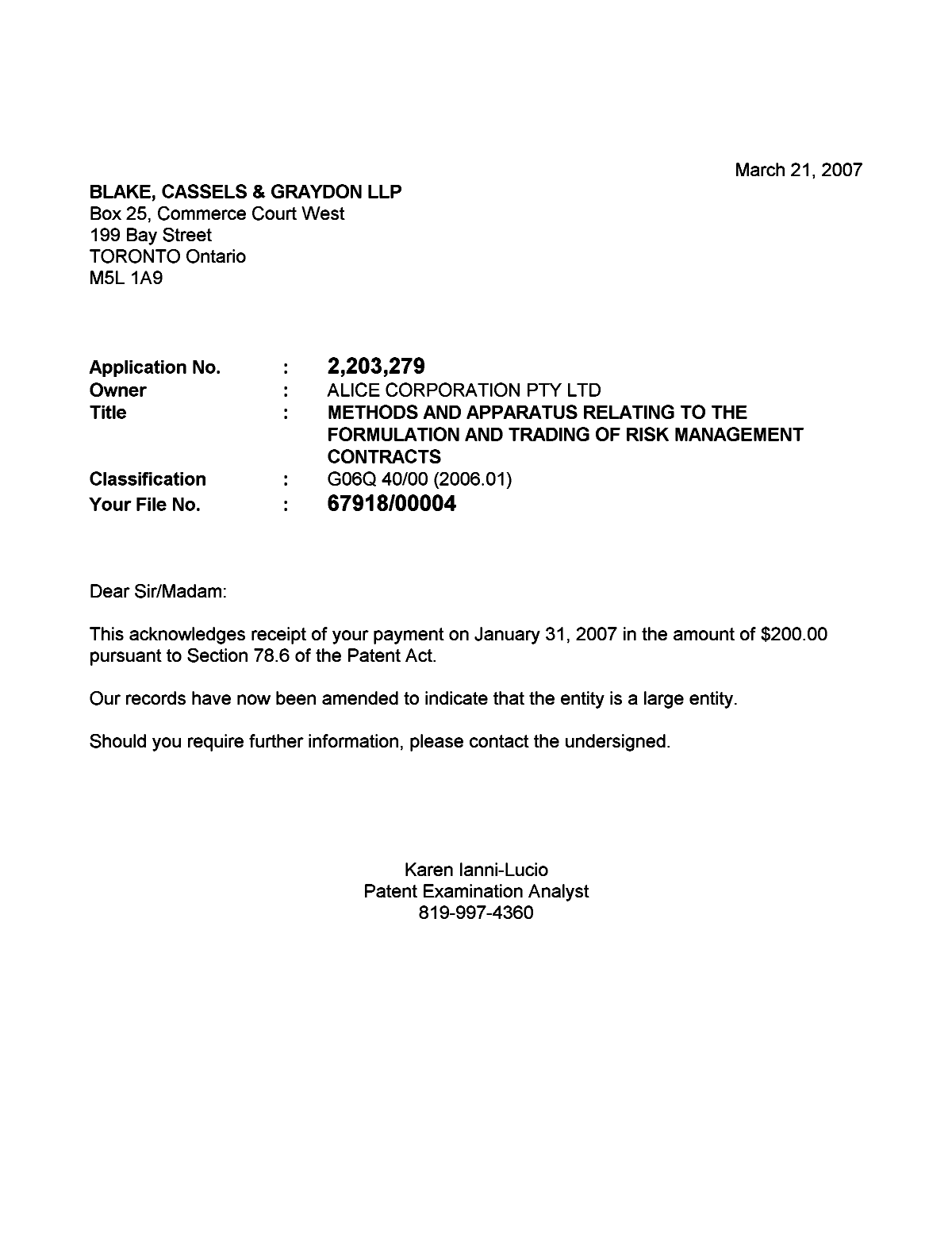 Document de brevet canadien 2203279. Correspondance 20061221. Image 1 de 1