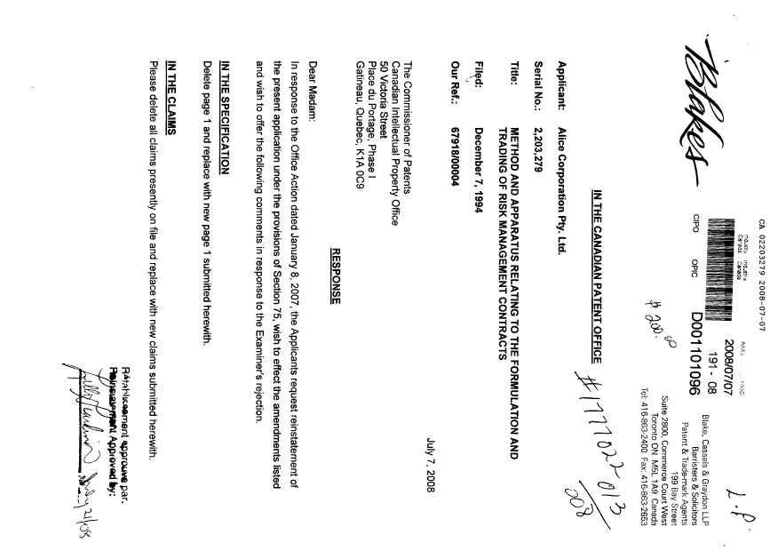 Document de brevet canadien 2203279. Poursuite-Amendment 20071207. Image 1 de 16