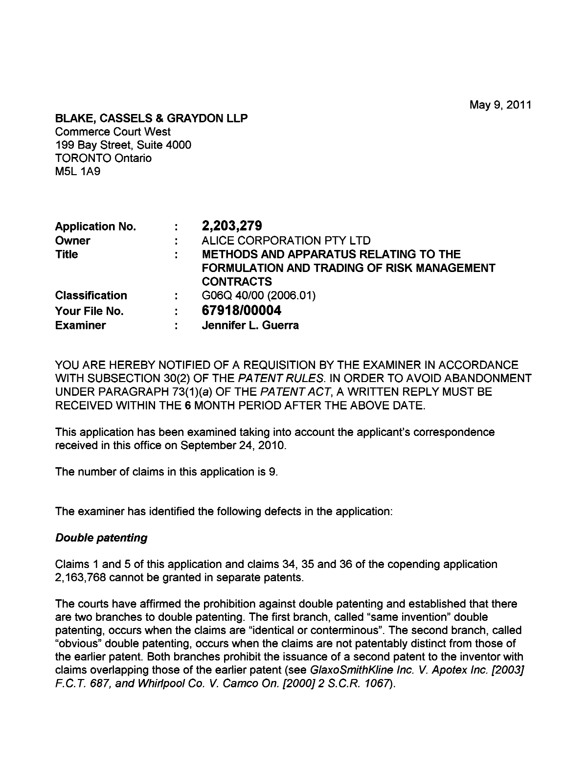 Canadian Patent Document 2203279. Prosecution-Amendment 20101209. Image 1 of 4