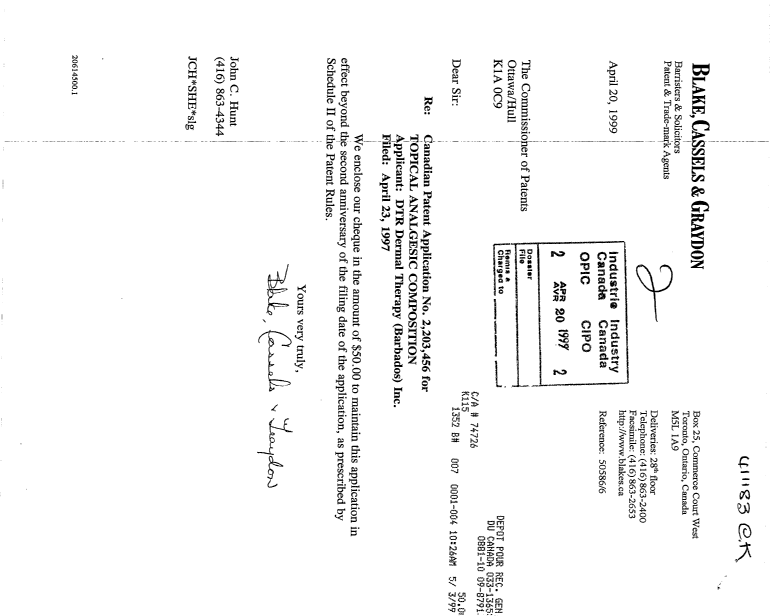 Canadian Patent Document 2203456. Fees 19990420. Image 1 of 1