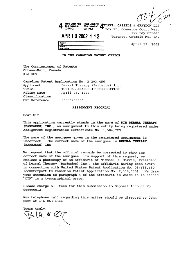 Document de brevet canadien 2203456. Correspondance 20020419. Image 1 de 4