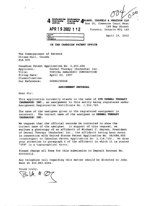 Document de brevet canadien 2203456. Cession 20020419. Image 1 de 6