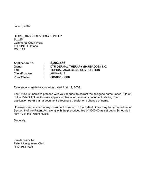 Document de brevet canadien 2203456. Correspondance 20020605. Image 1 de 1