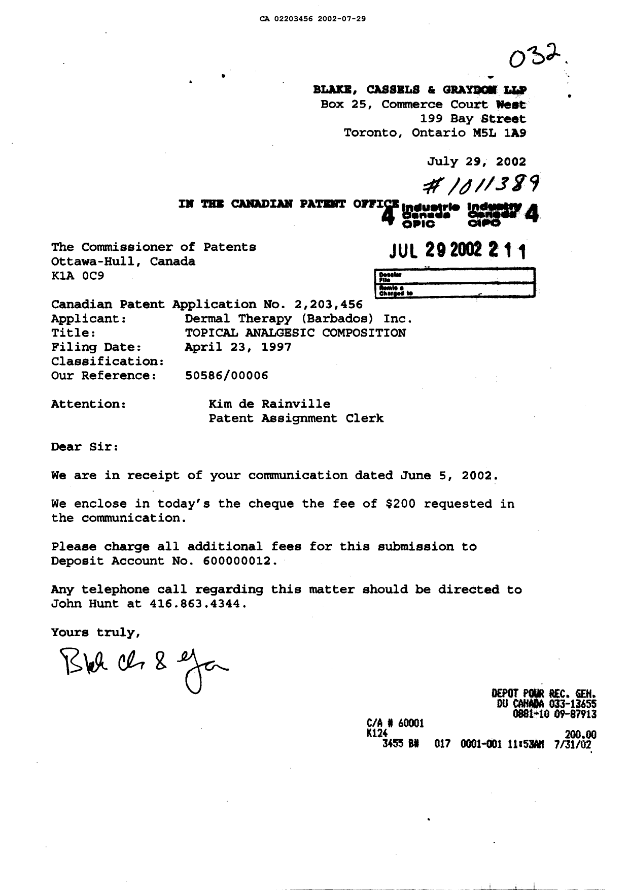 Canadian Patent Document 2203456. Correspondence 20020729. Image 1 of 1