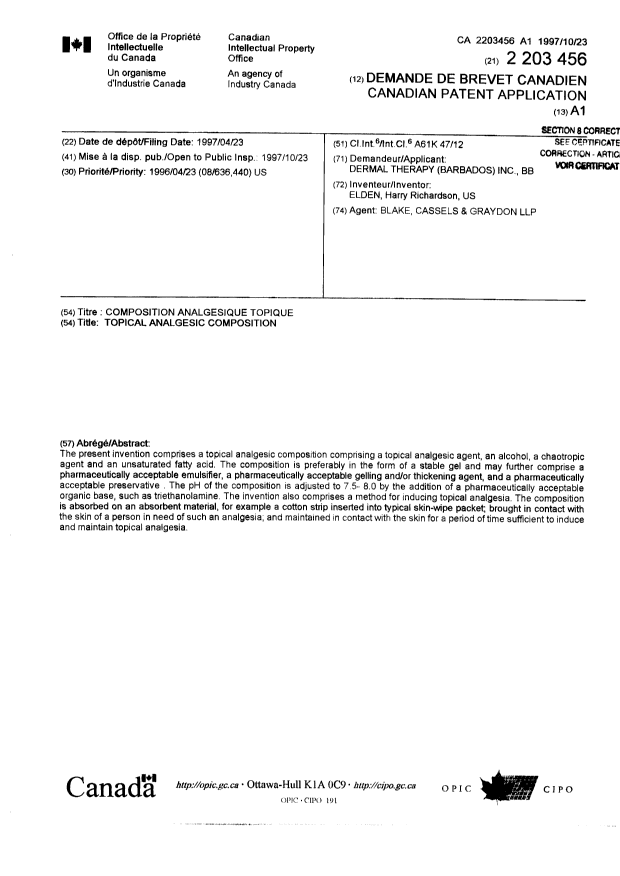 Canadian Patent Document 2203456. Cover Page 20020911. Image 1 of 2
