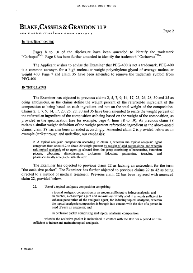 Canadian Patent Document 2203456. Prosecution-Amendment 20060425. Image 2 of 13