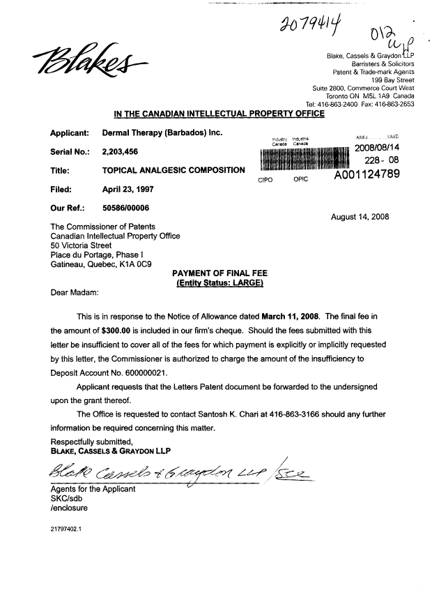 Document de brevet canadien 2203456. Correspondance 20080814. Image 1 de 1