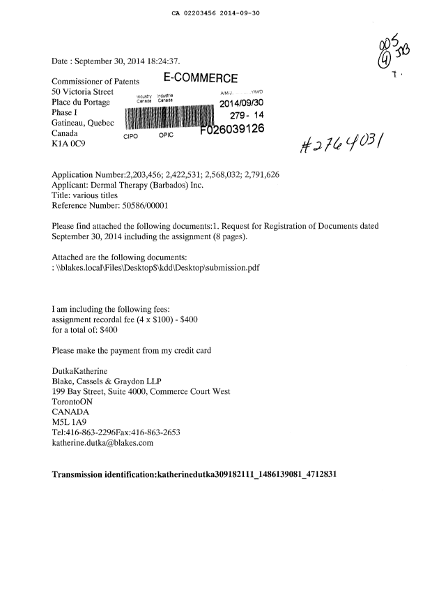 Document de brevet canadien 2203456. Cession 20140930. Image 1 de 9