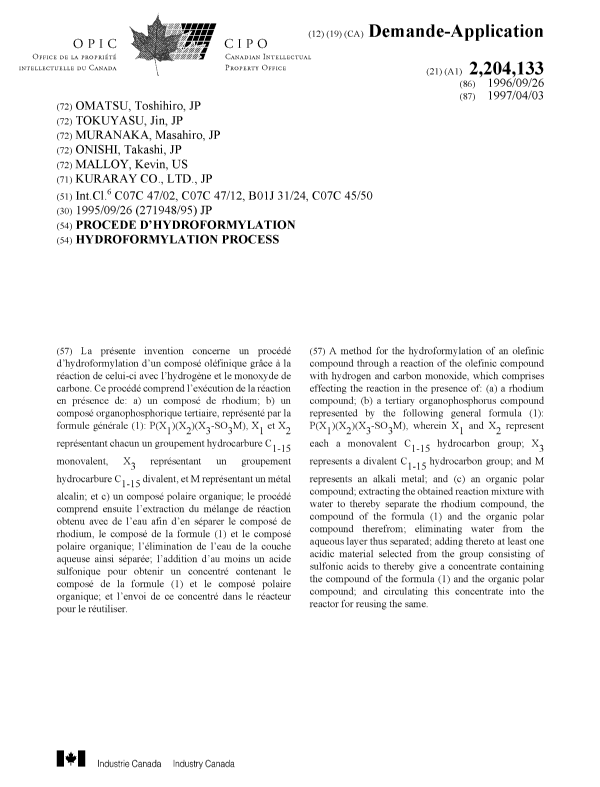 Document de brevet canadien 2204133. Page couverture 19971117. Image 1 de 1