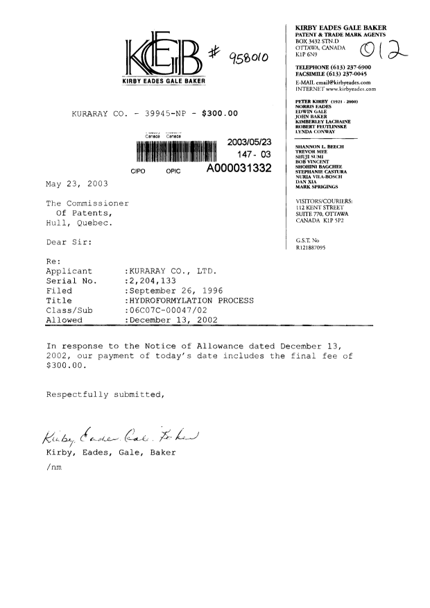 Canadian Patent Document 2204133. Correspondence 20030523. Image 1 of 1