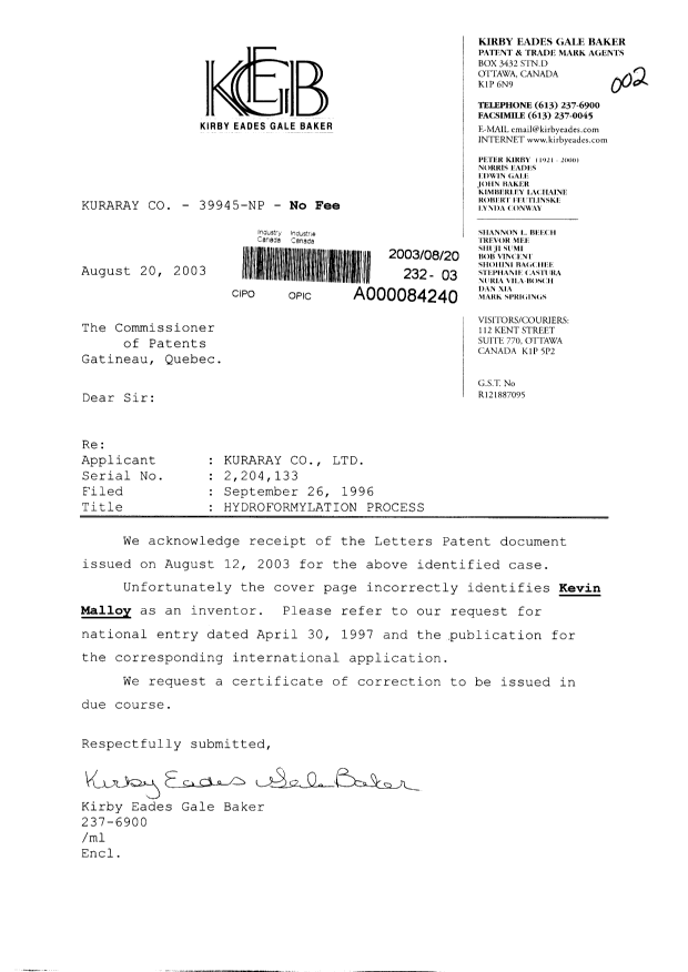 Canadian Patent Document 2204133. Correspondence 20030820. Image 1 of 1