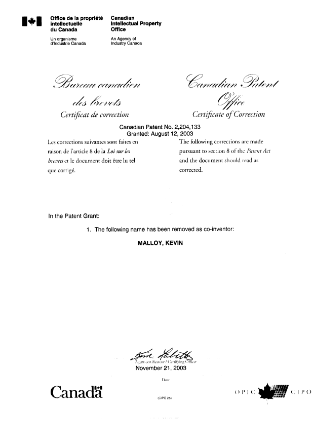 Canadian Patent Document 2204133. Cover Page 20031121. Image 2 of 2