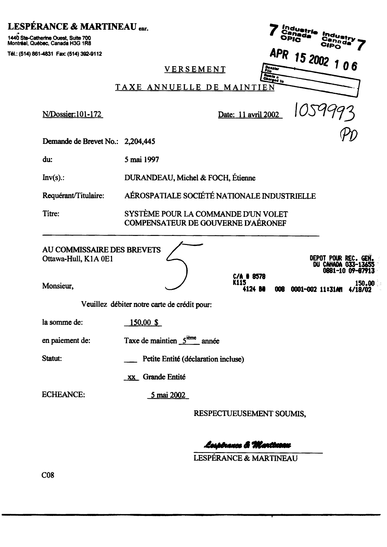 Document de brevet canadien 2204445. Taxes 20020415. Image 1 de 1
