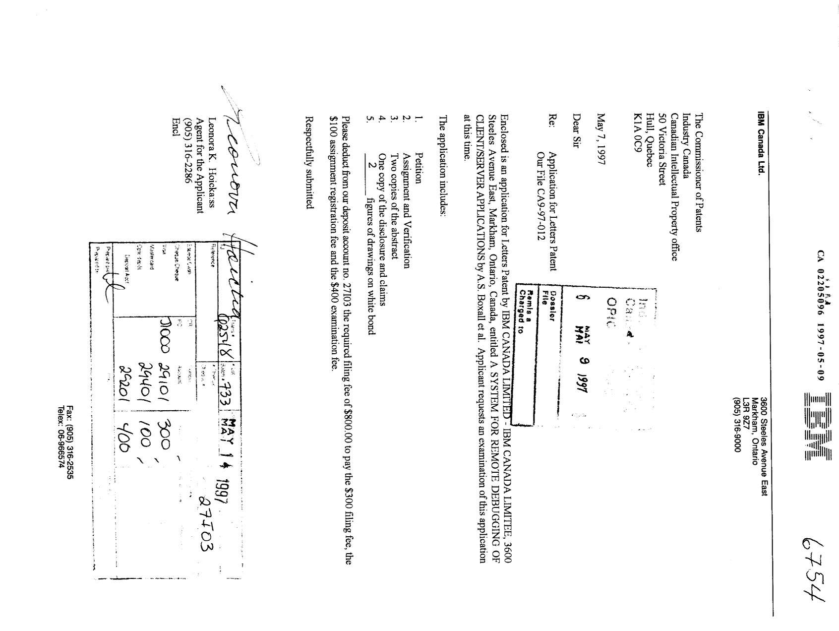 Canadian Patent Document 2205096. Assignment 19970509. Image 1 of 4