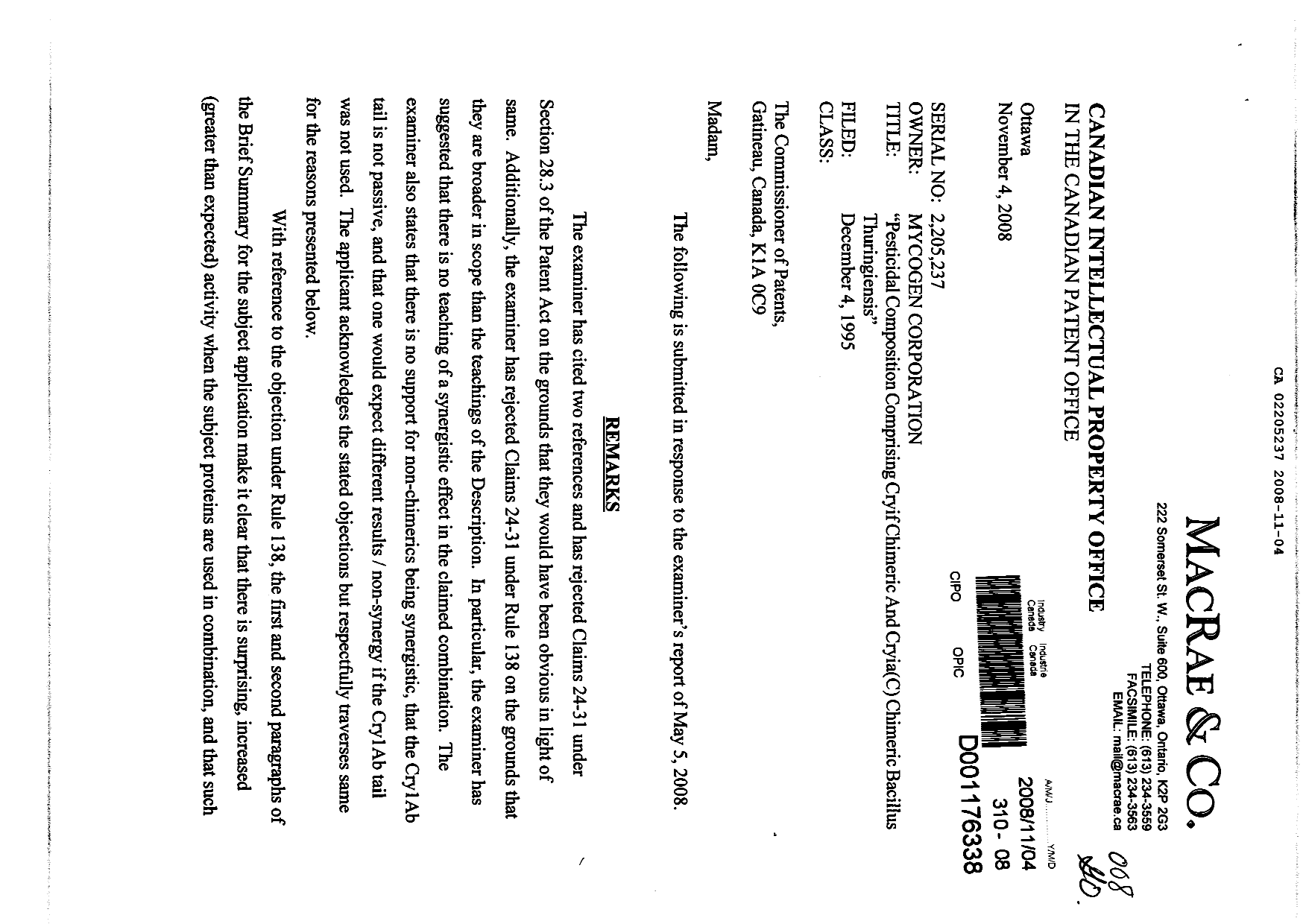 Canadian Patent Document 2205237. Prosecution-Amendment 20081104. Image 1 of 4