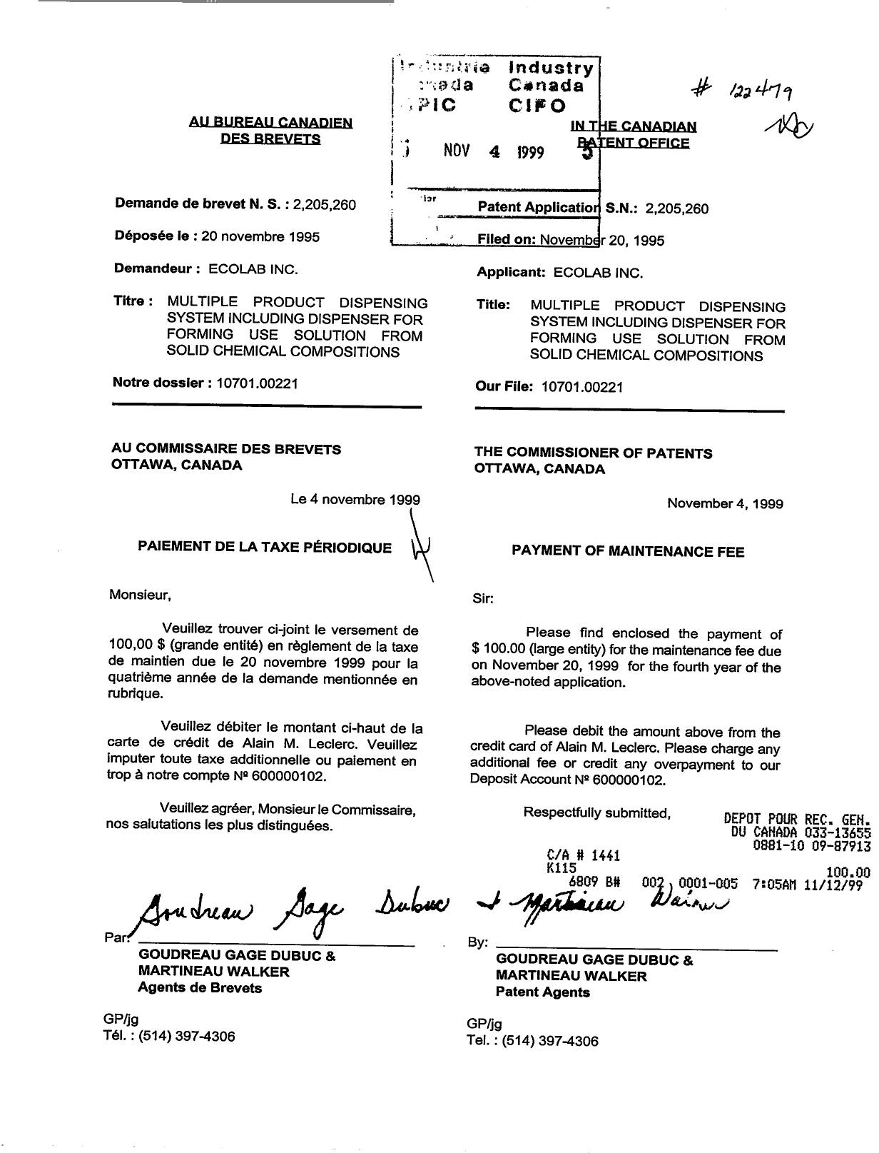 Document de brevet canadien 2205260. Taxes 19991104. Image 1 de 1
