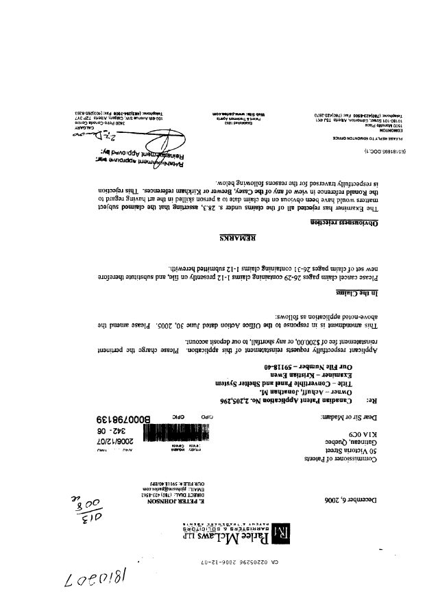 Canadian Patent Document 2205296. Prosecution-Amendment 20061207. Image 1 of 14