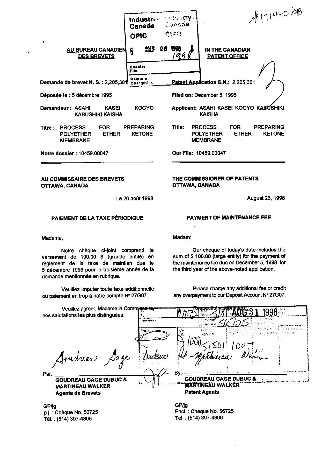 Document de brevet canadien 2205301. Taxes 19980826. Image 1 de 1