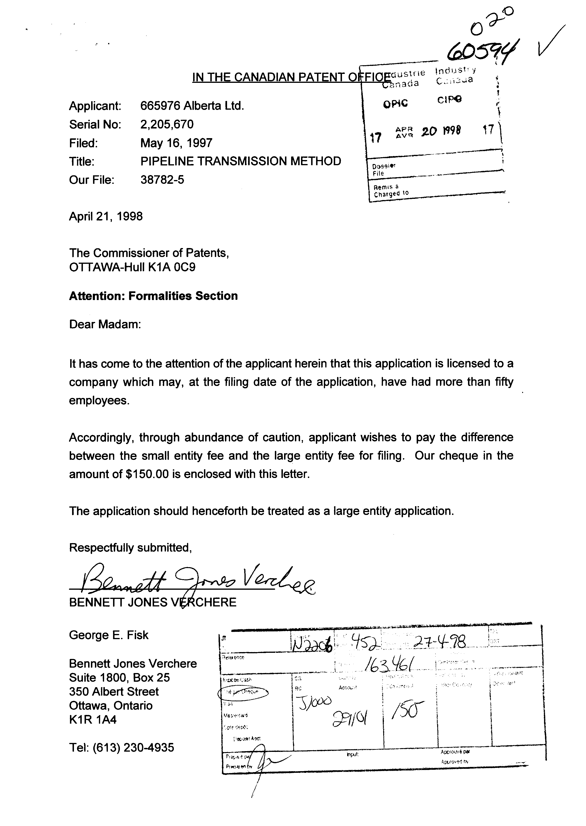 Document de brevet canadien 2205670. Correspondance 19971220. Image 1 de 2