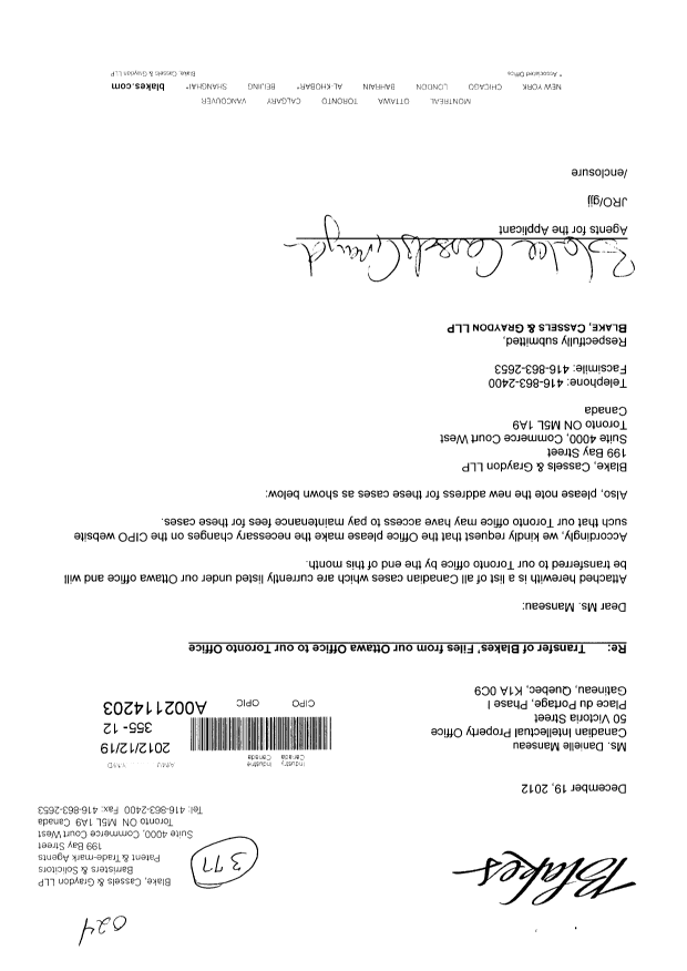 Canadian Patent Document 2205670. Correspondence 20111219. Image 1 of 12
