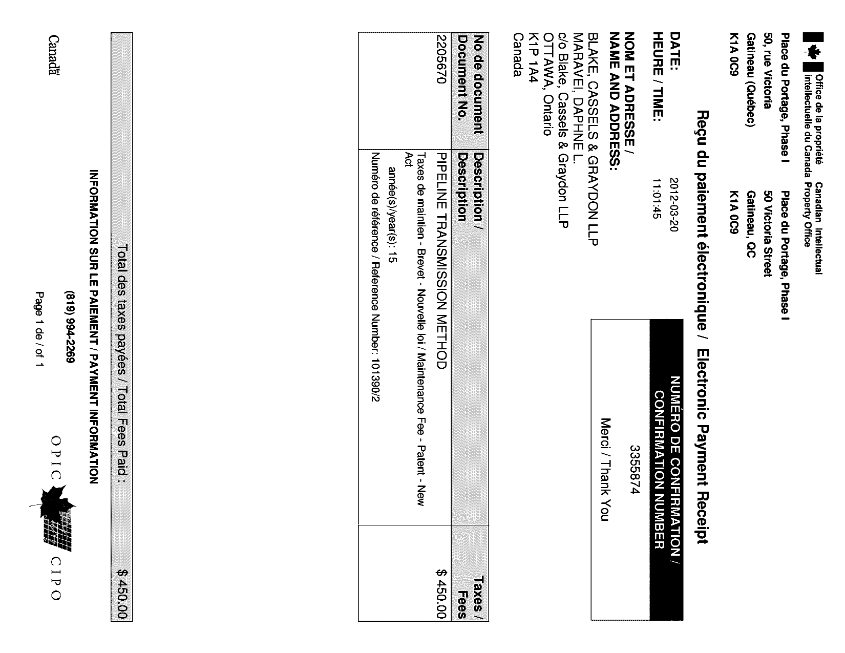 Document de brevet canadien 2205670. Taxes 20111220. Image 1 de 1