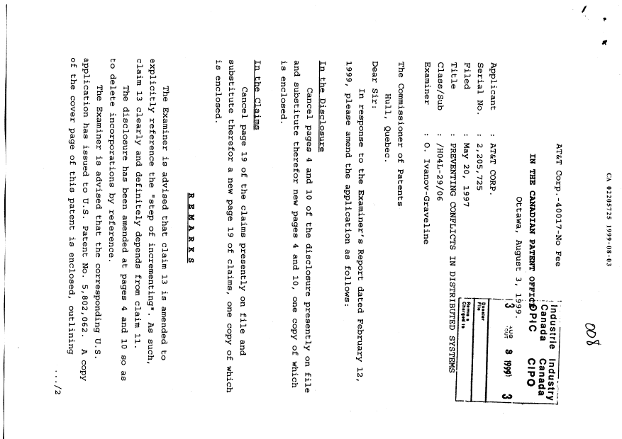 Document de brevet canadien 2205725. Poursuite-Amendment 19990803. Image 1 de 6