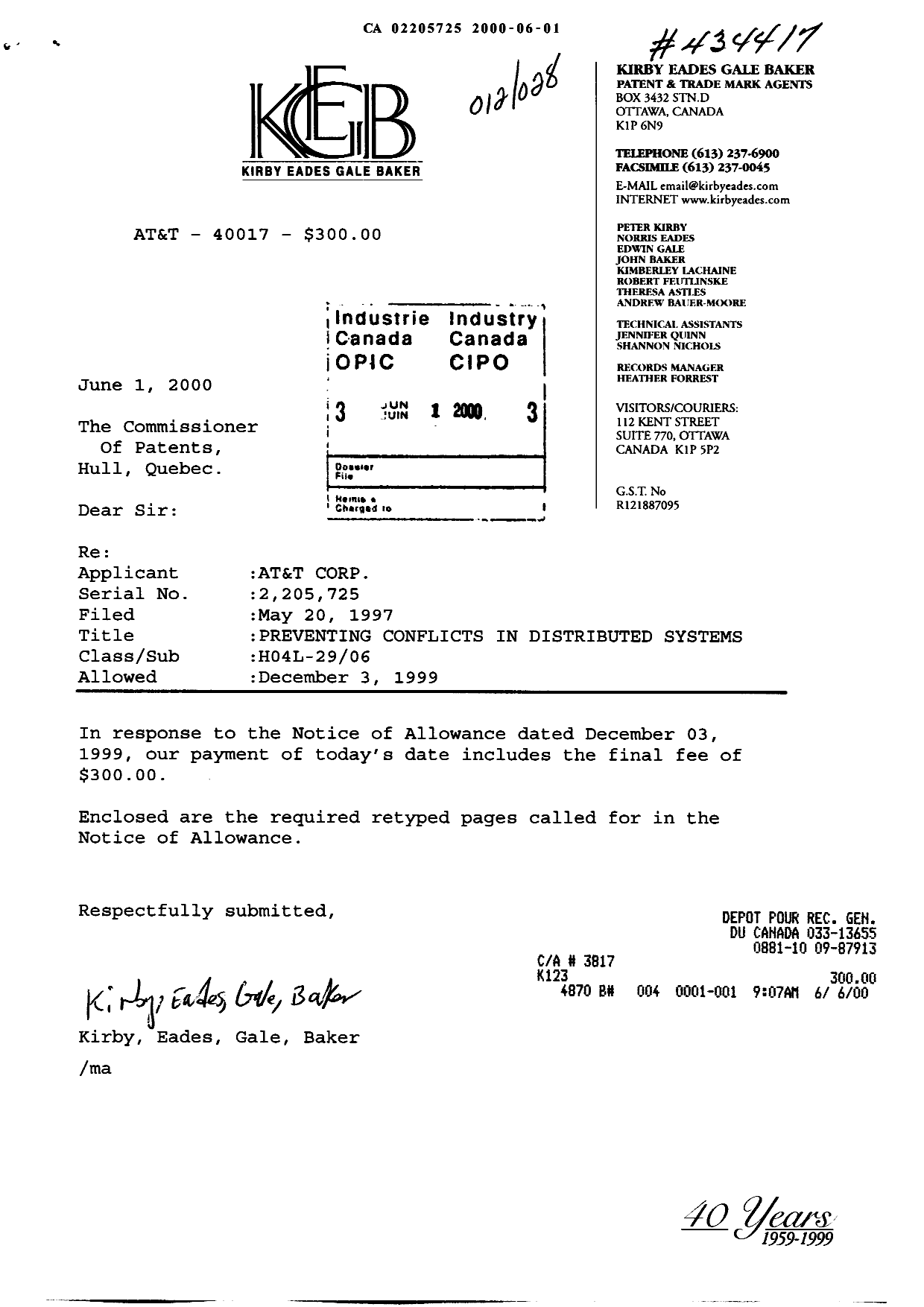Document de brevet canadien 2205725. Correspondance 20000601. Image 1 de 2