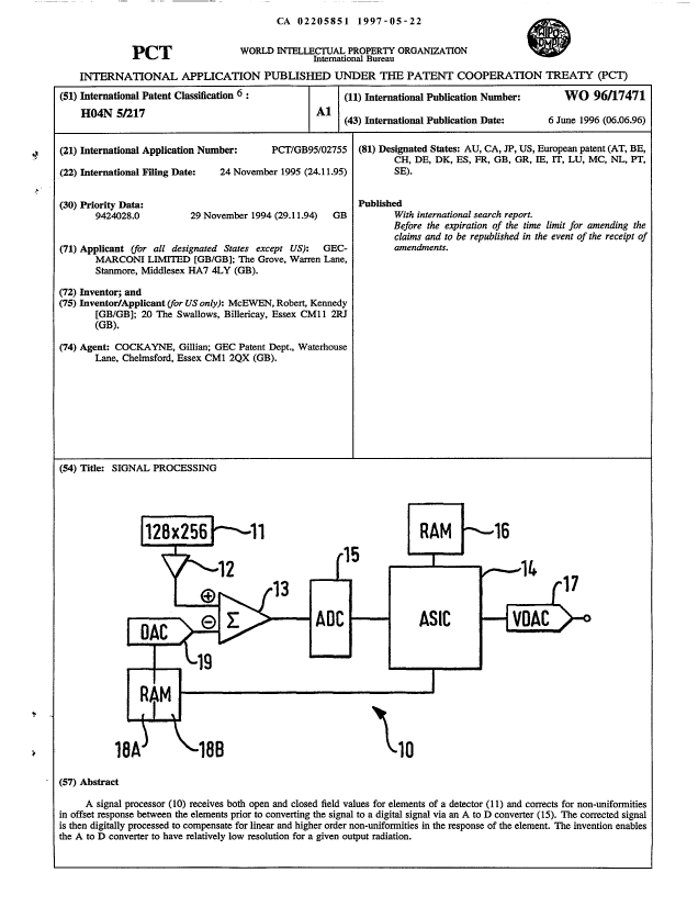 Canadian Patent Document 2205851. Abstract 19970522. Image 1 of 1