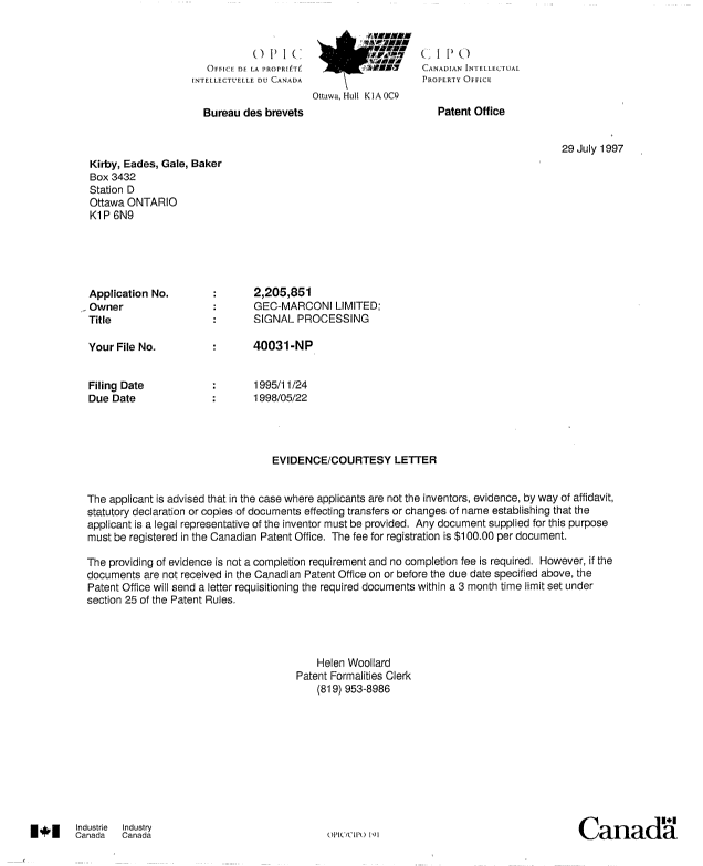 Document de brevet canadien 2205851. Correspondance 19970729. Image 1 de 1