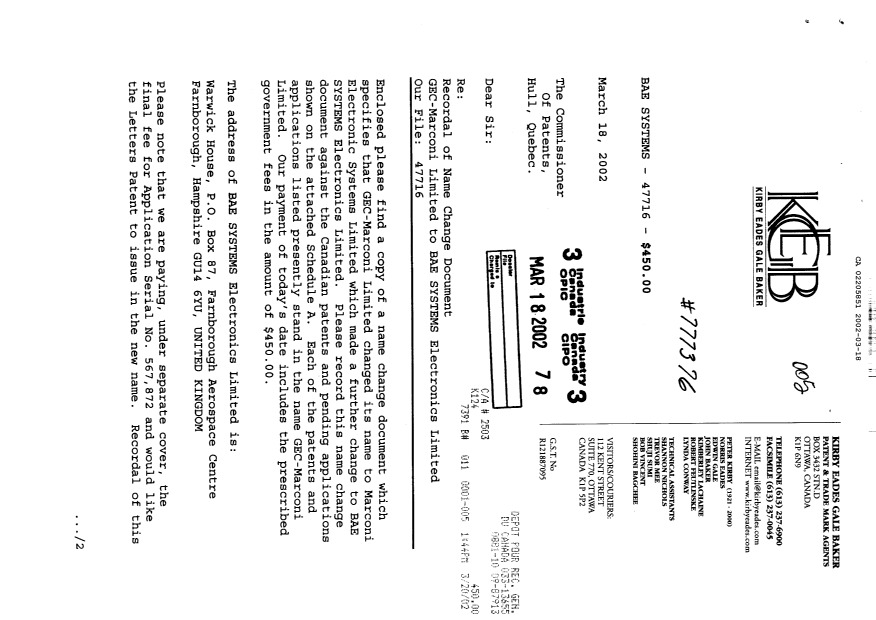 Canadian Patent Document 2205851. Assignment 20020318. Image 1 of 4