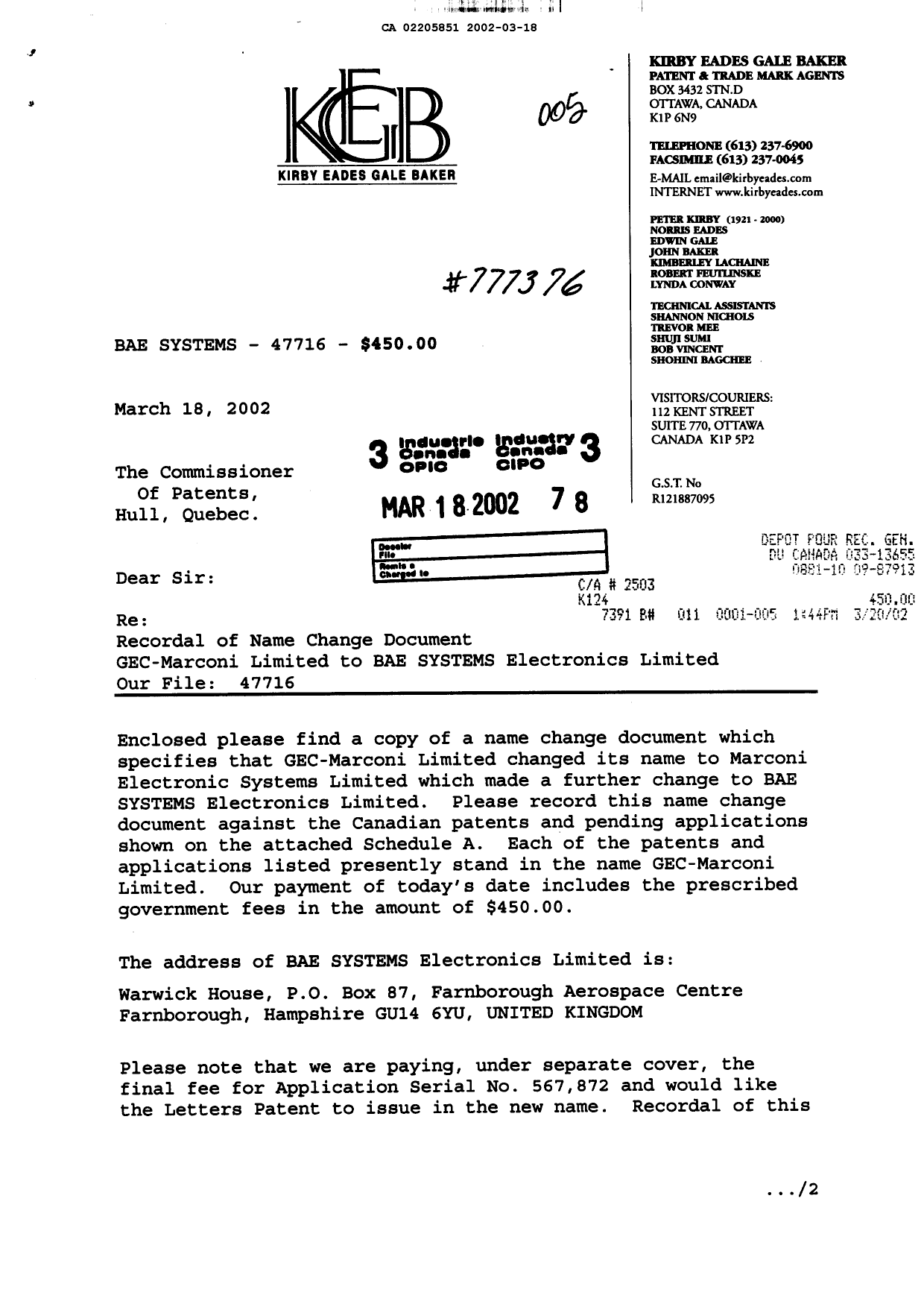 Document de brevet canadien 2205851. Cession 20020318. Image 1 de 4