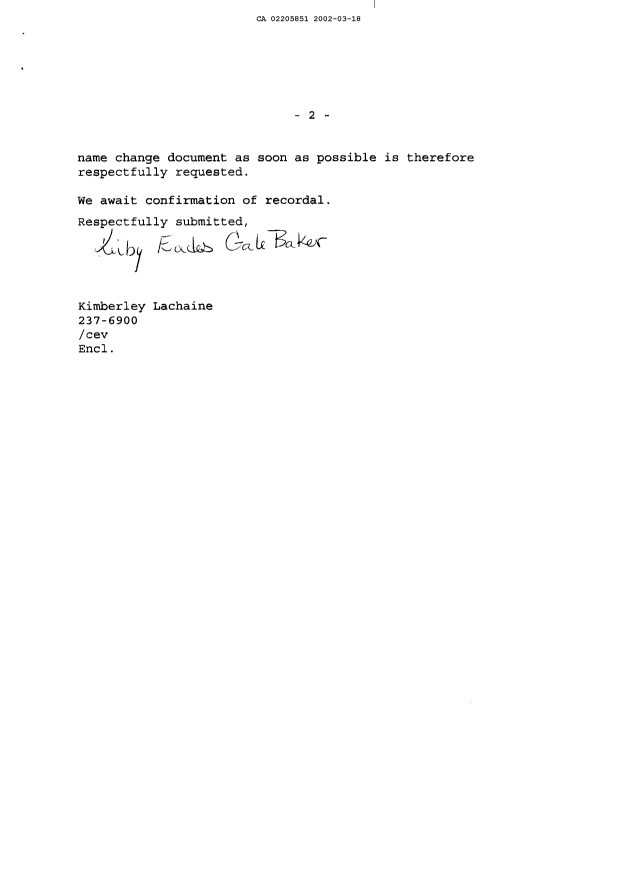 Document de brevet canadien 2205851. Cession 20020318. Image 2 de 4