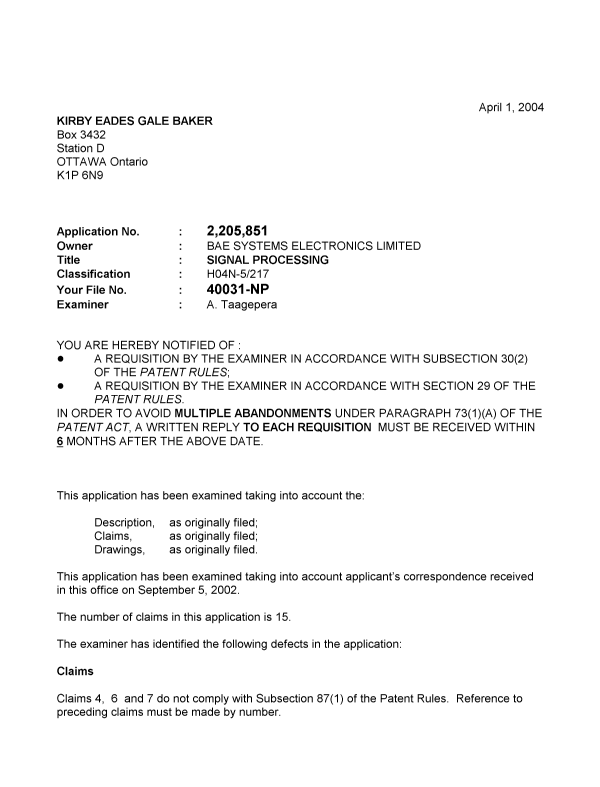 Canadian Patent Document 2205851. Prosecution-Amendment 20040401. Image 1 of 2