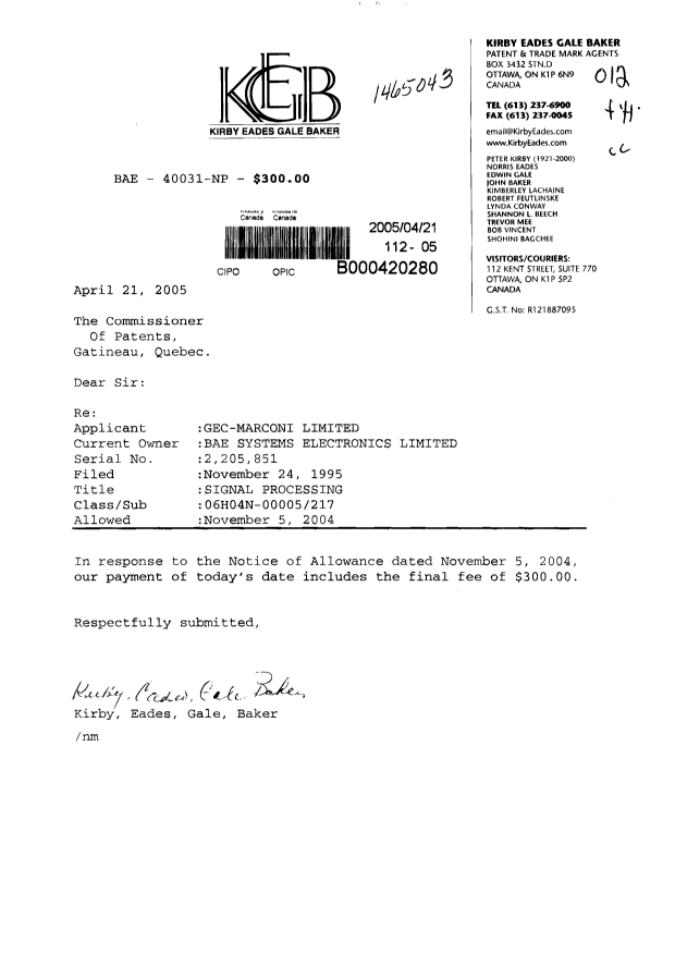 Document de brevet canadien 2205851. Correspondance 20050421. Image 1 de 1