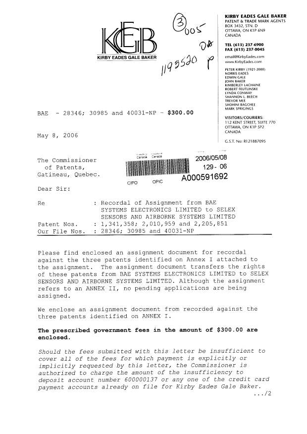 Document de brevet canadien 2205851. Cession 20060508. Image 1 de 7
