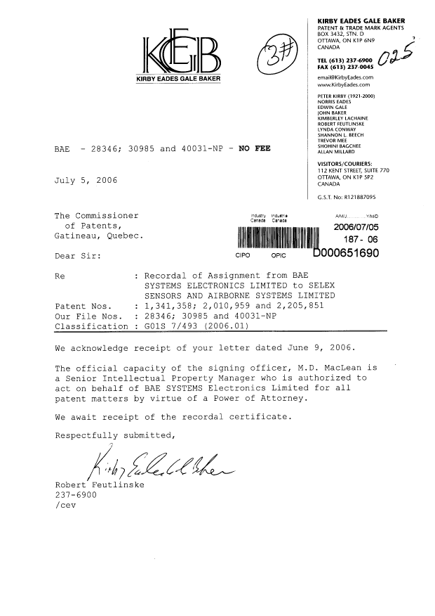 Document de brevet canadien 2205851. Cession 20060705. Image 1 de 1