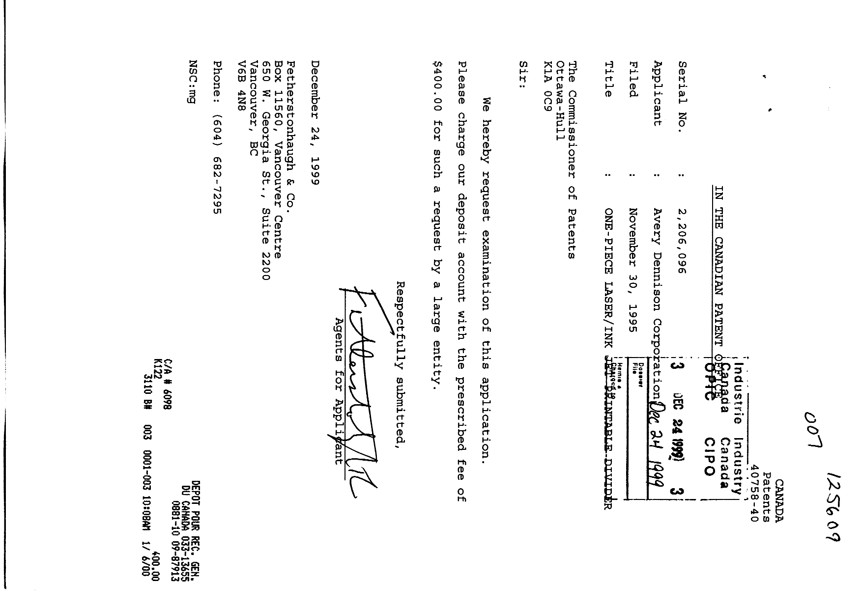 Canadian Patent Document 2206096. Prosecution-Amendment 19991224. Image 1 of 1