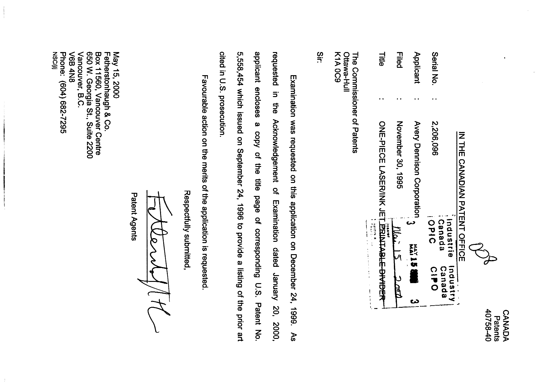 Canadian Patent Document 2206096. Prosecution-Amendment 20000515. Image 1 of 2