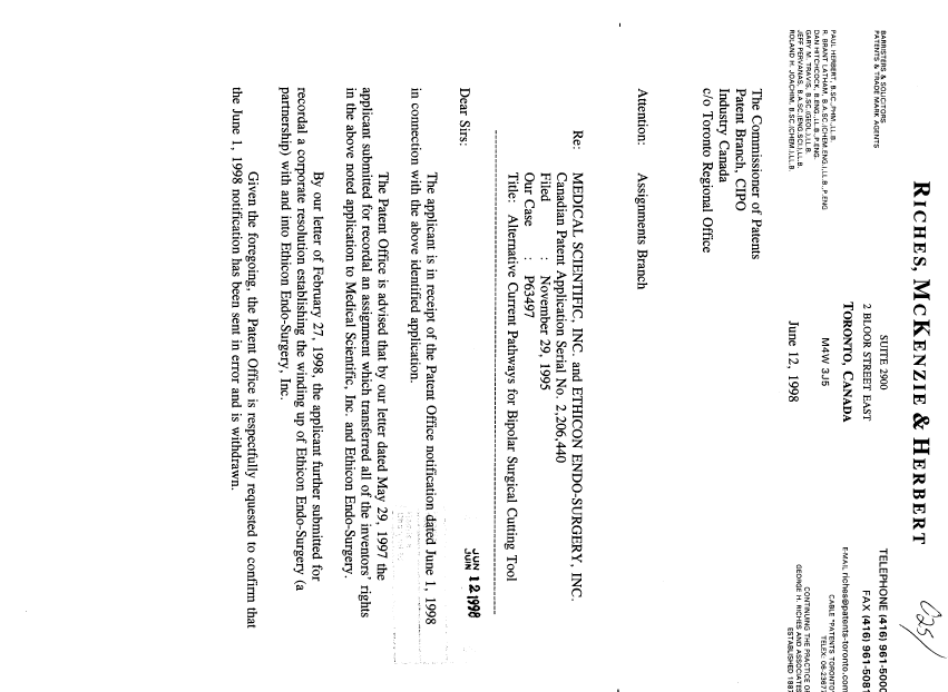 Document de brevet canadien 2206440. Cession 19980612. Image 1 de 2