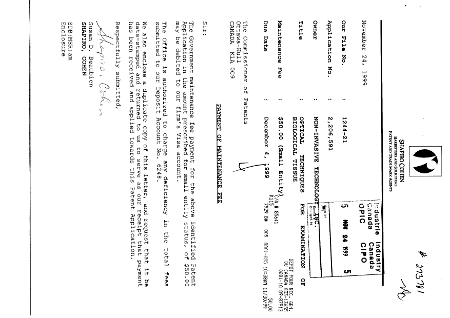 Document de brevet canadien 2206591. Taxes 19991124. Image 1 de 1