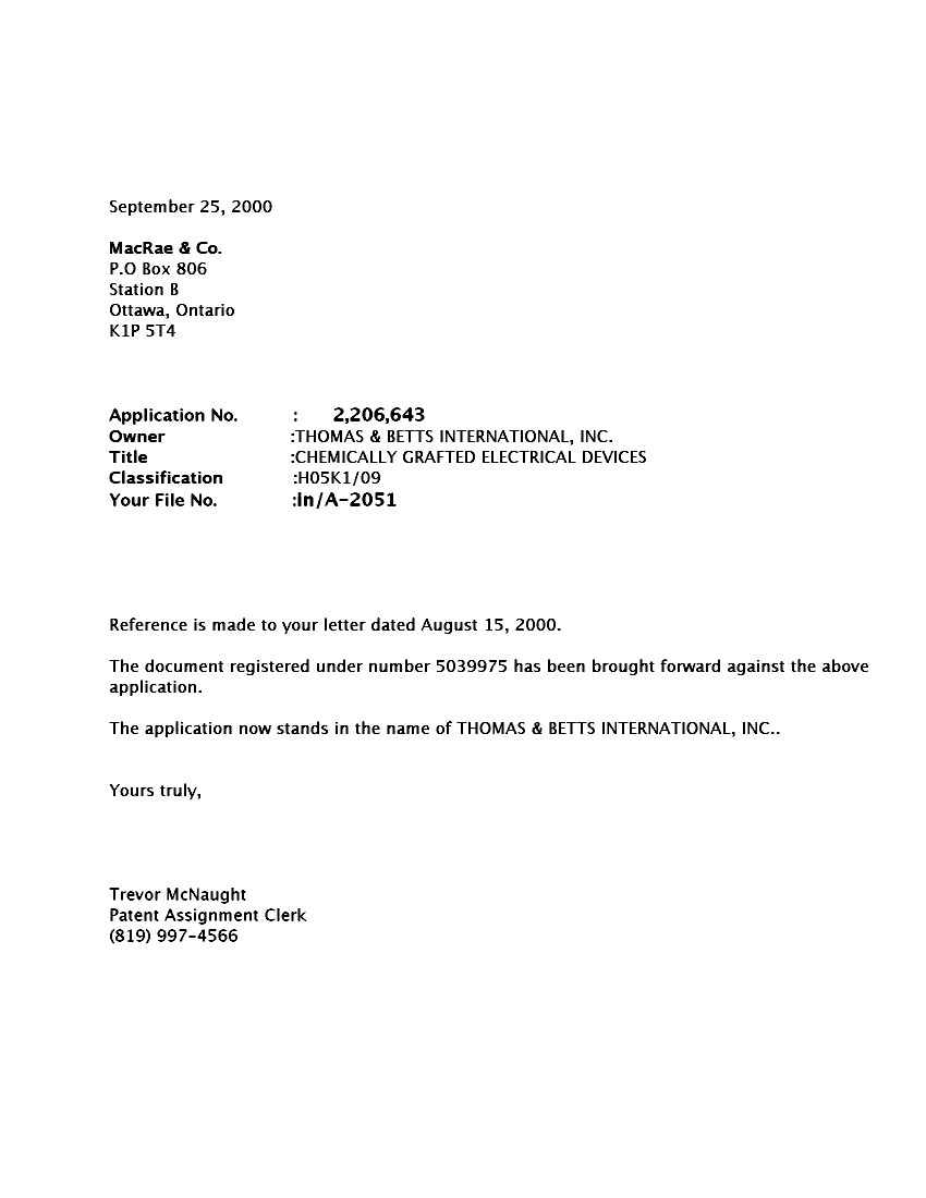 Document de brevet canadien 2206643. Correspondance 20000925. Image 1 de 1