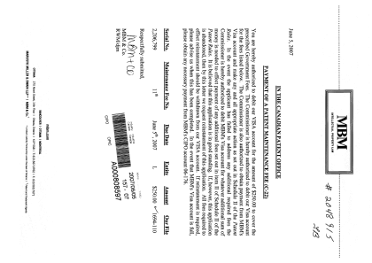 Canadian Patent Document 2206799. Fees 20070605. Image 1 of 1