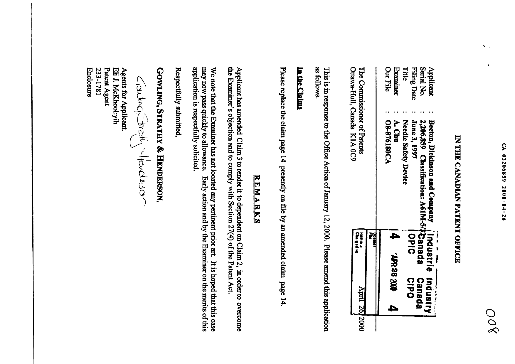 Canadian Patent Document 2206859. Prosecution-Amendment 20000426. Image 1 of 2